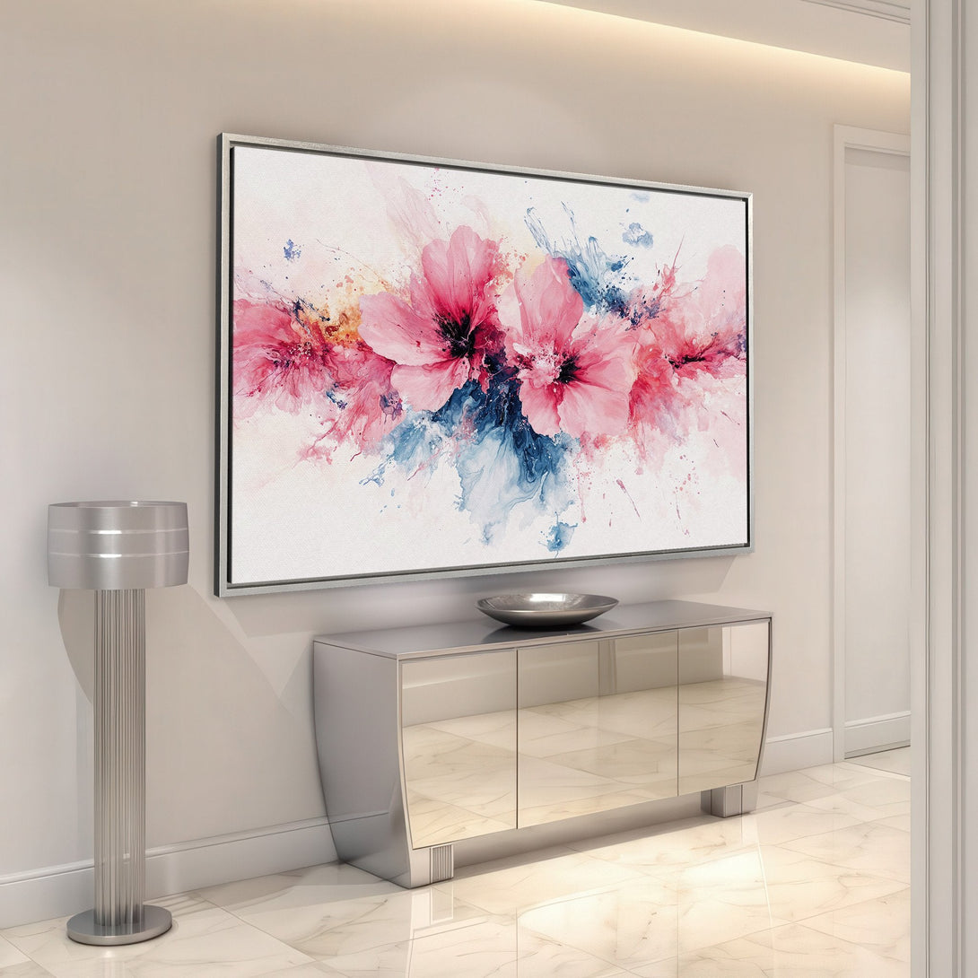 Framed Wall Art of watercolor floral art in pink and blue hues. Modern abstract style Canvas Print perfect for home decor.