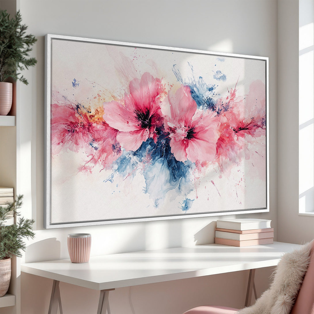 Framed Wall Art: Abstract floral Canvas Print in pink and blue watercolor style, perfect for modern home decor. Adds a touch of elegance to any room.