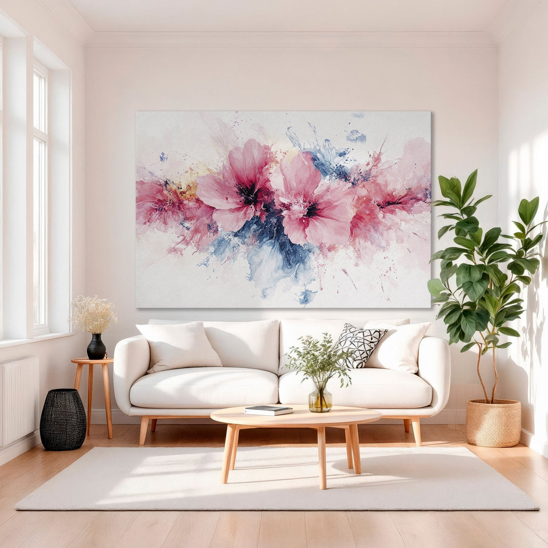 Framed Wall Art: Abstract floral Canvas Print in pink, blue, and gold. Modern art for living room decor.