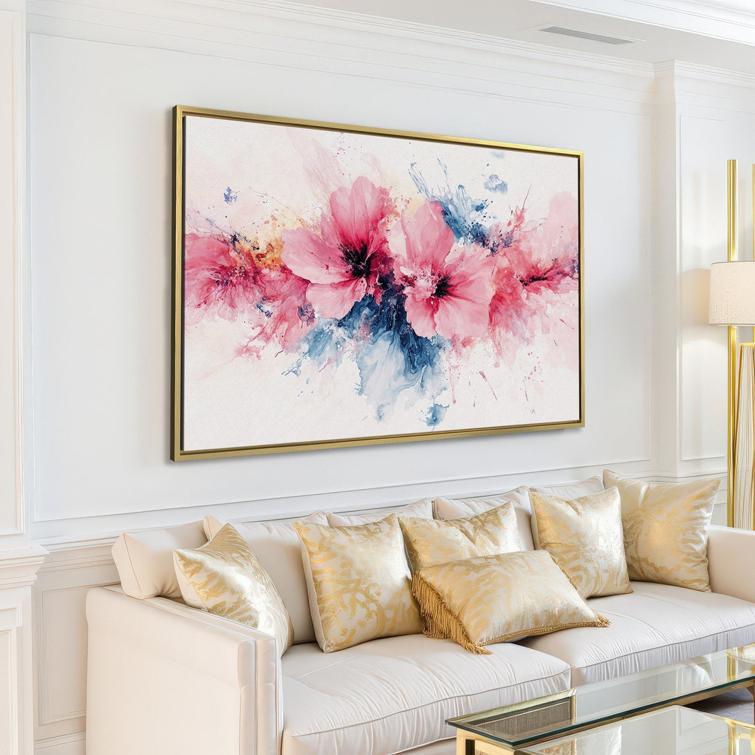 Canvas Print featuring a watercolor floral design in pink and blue hues. Modern art for a stylish living room.