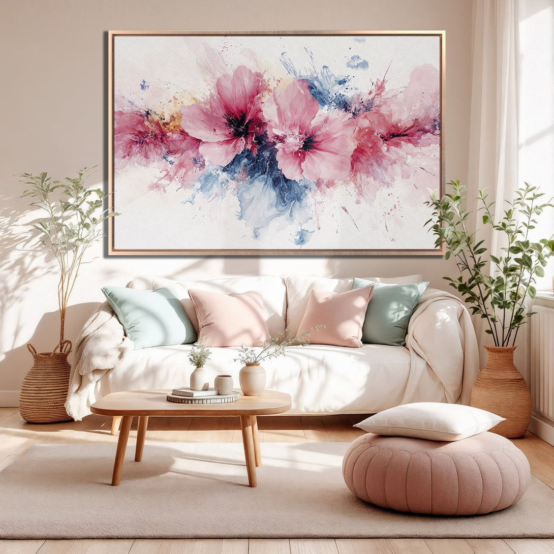 Framed Wall Art: Abstract floral Canvas Print in pink, blue, and gold hues. Modern art for living room decor, adding a touch of elegance.