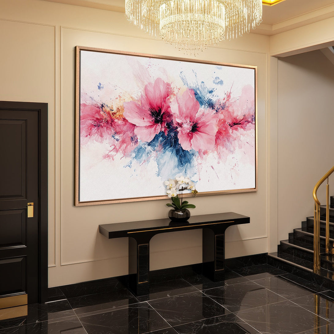 Framed Wall Art: Abstract floral Canvas Print in pink and blue hues, adding elegance to a modern interior. Perfect for home decor!