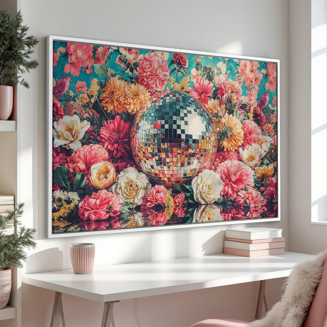 Framed Wall Art: Floral disco ball print in vibrant pinks, oranges, and teal. Modern, artistic canvas print perfect for home decor.