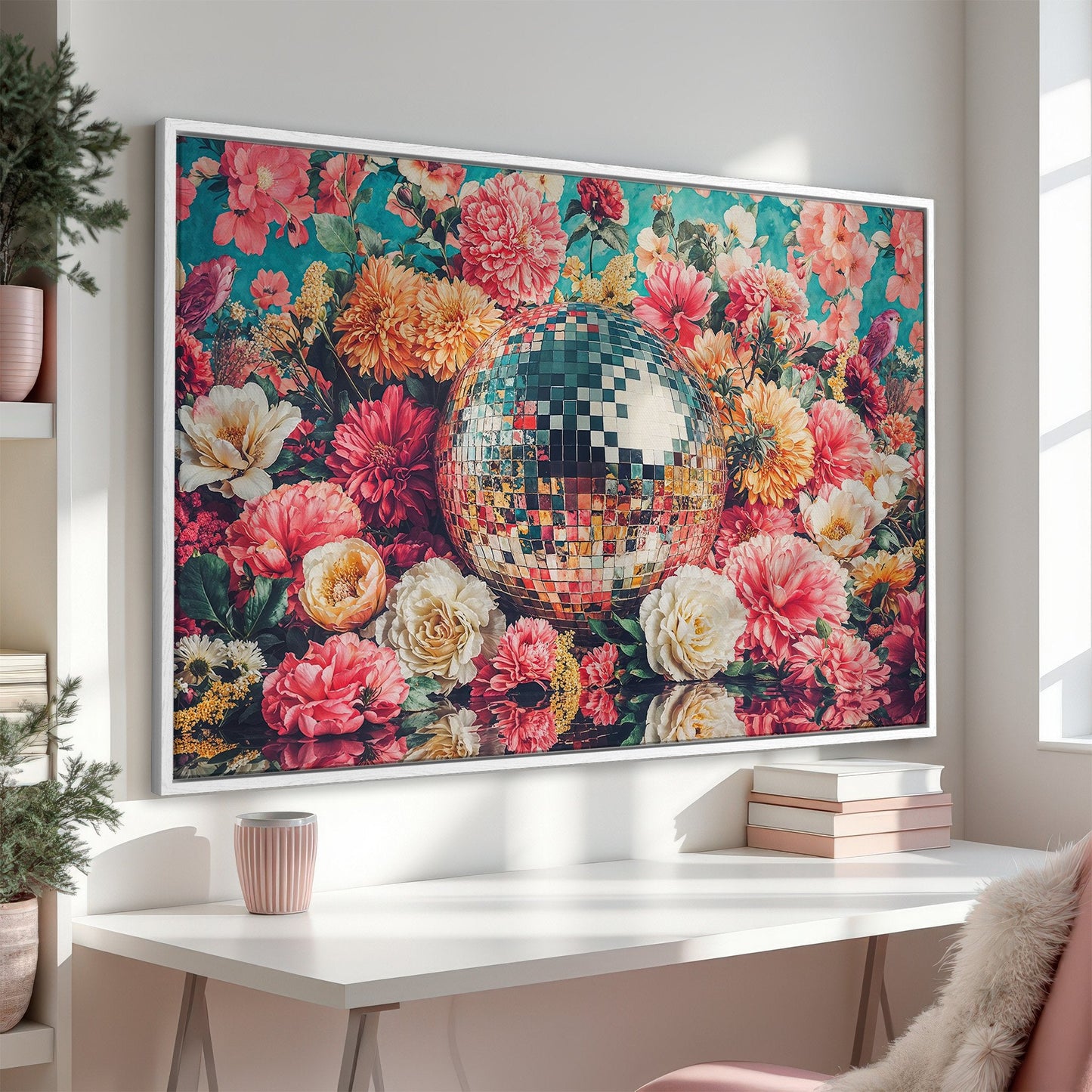 Vibrant Floral Framed Canvas Print with Disco Vibes