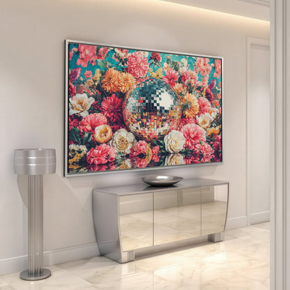 Vibrant Floral Framed Canvas Print with Disco Vibes