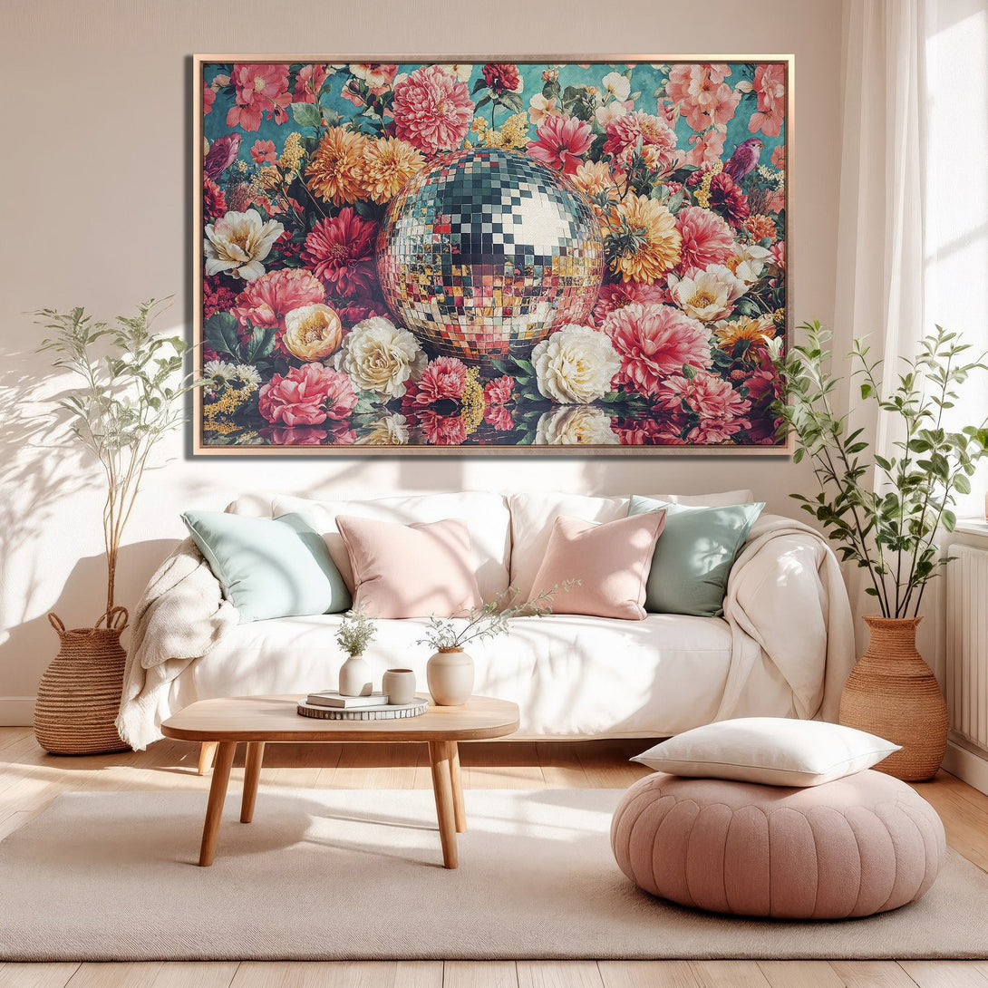 Framed Wall Art: Floral disco ball print in a living room. Romantic style with pink, peach, and teal color palette. Perfect for adding a touch of glam!