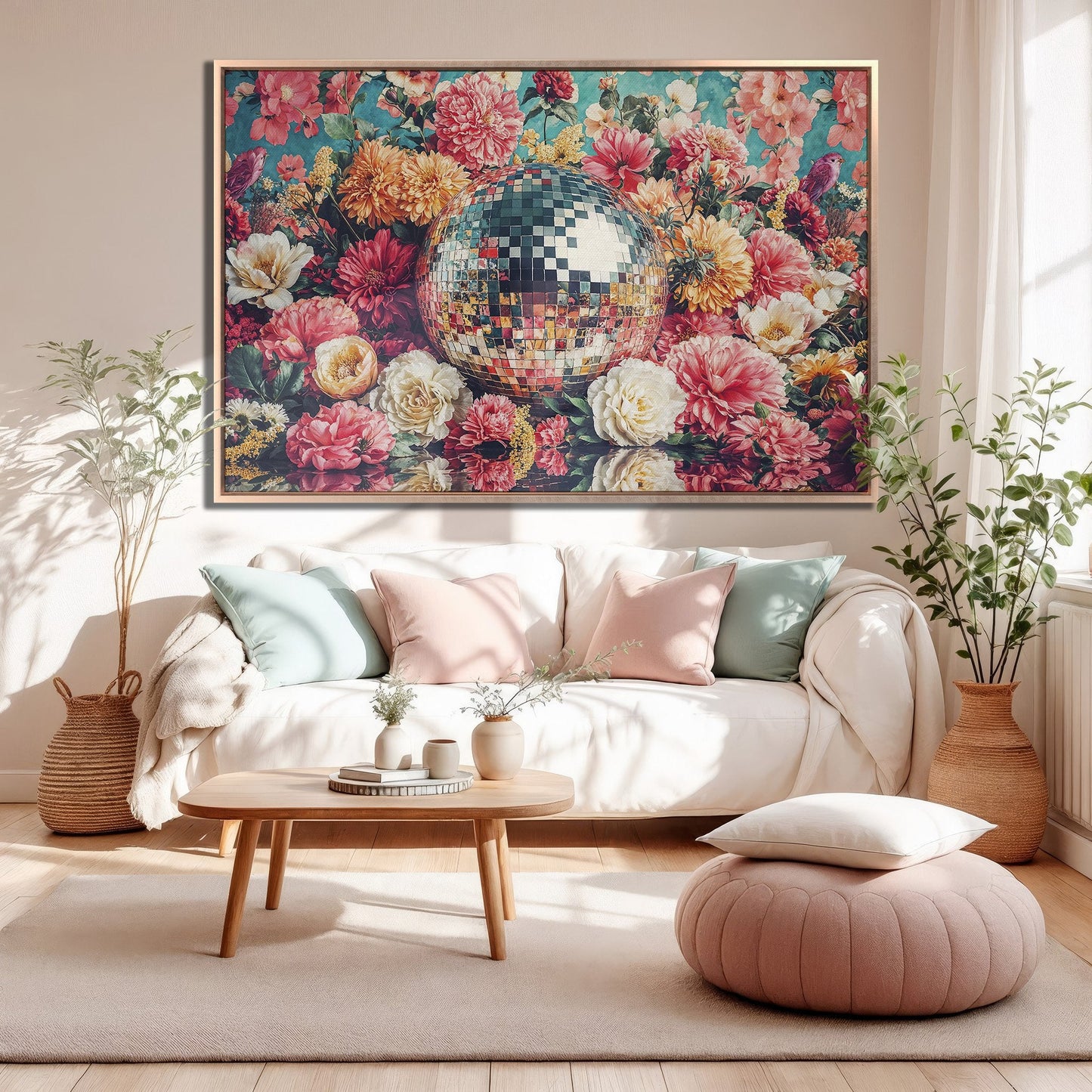 Vibrant Floral Framed Canvas Print with Disco Vibes