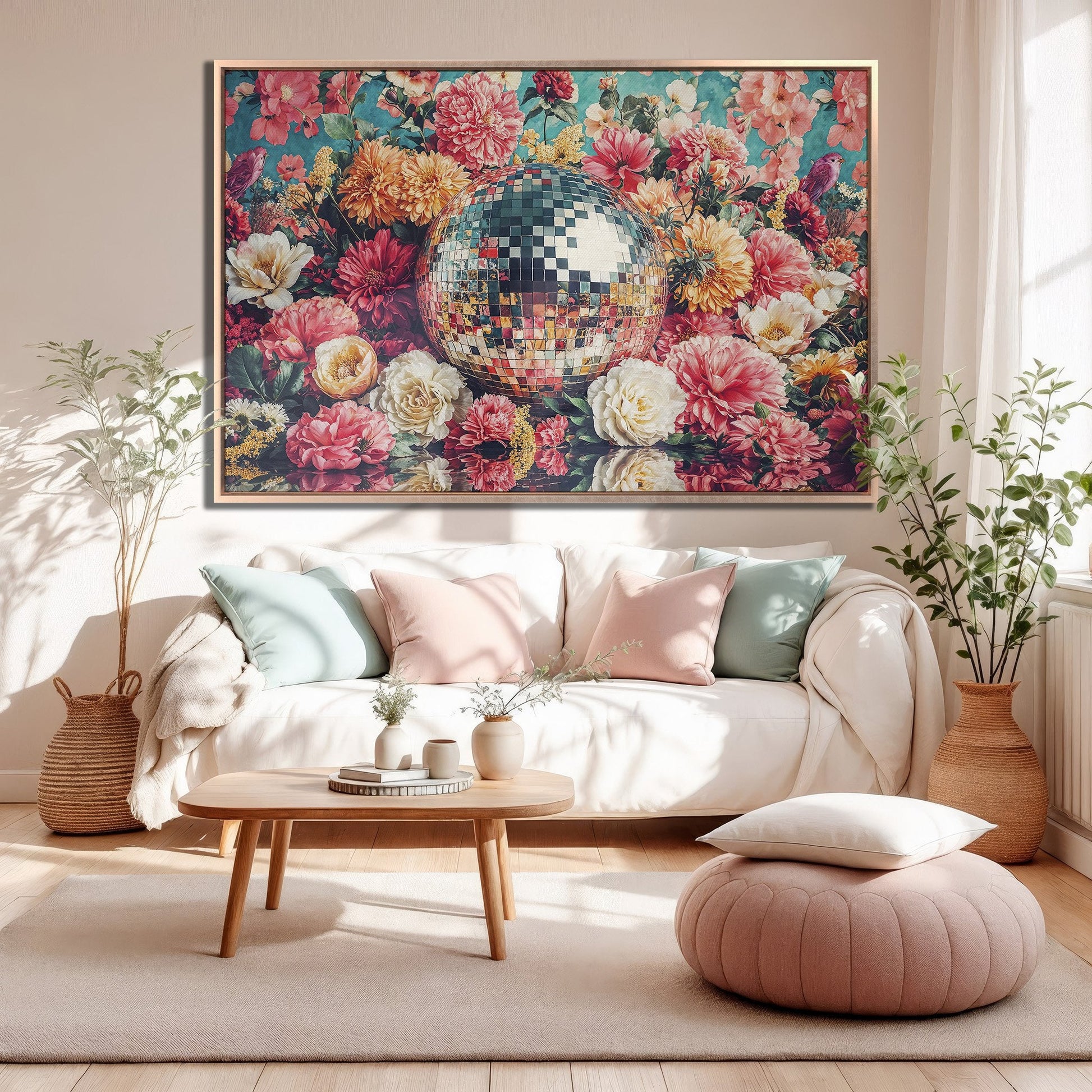Vibrant Floral Framed Canvas Print with Disco Vibes