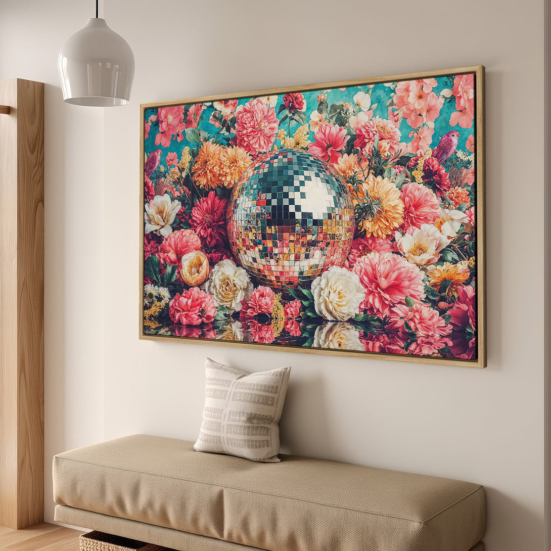 Framed Wall Art featuring a vibrant floral design with a disco ball. Colorful art with pink, orange, and teal hues. Perfect for adding a pop of color!