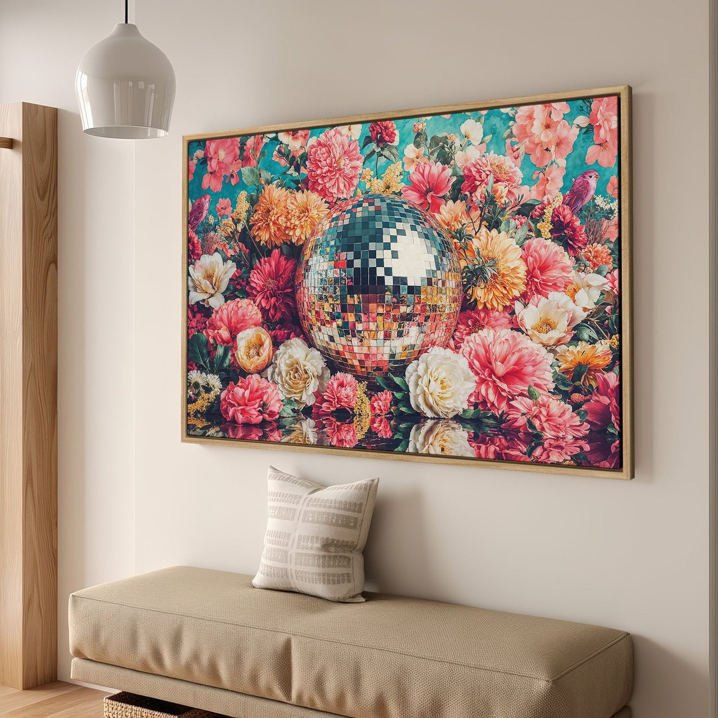 Vibrant Floral Framed Canvas Print with Disco Vibes