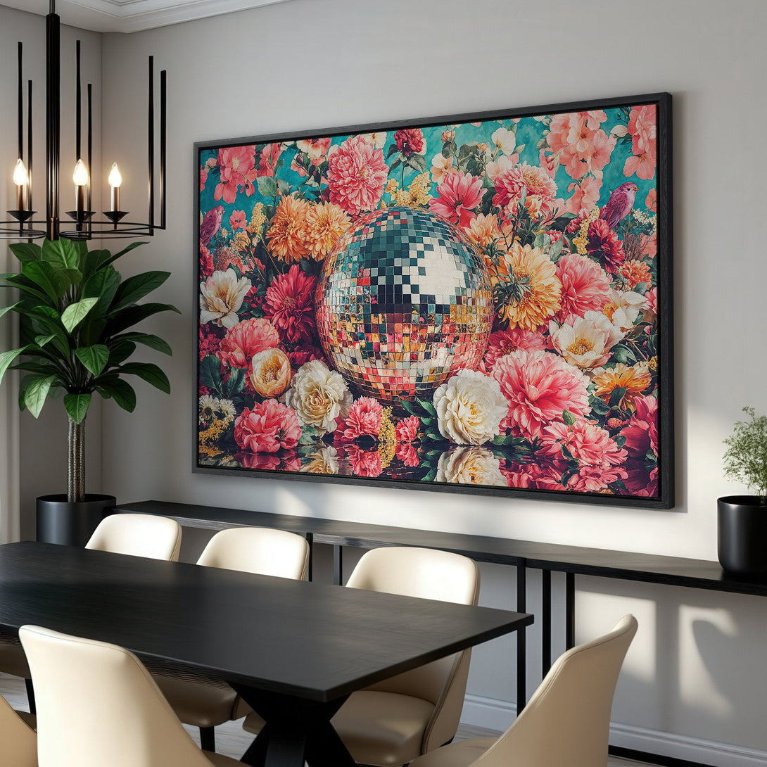 Framed Wall Art: Floral disco ball design in a dining room. Vibrant pink, coral, and teal color palette. Perfect statement piece for modern decor.