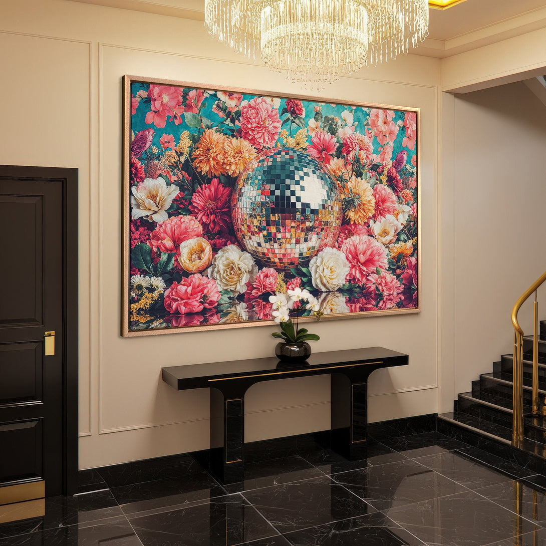Framed Wall Art: Floral print with disco ball, vibrant pink, teal, and orange palette. Adds a pop of color to any interior!