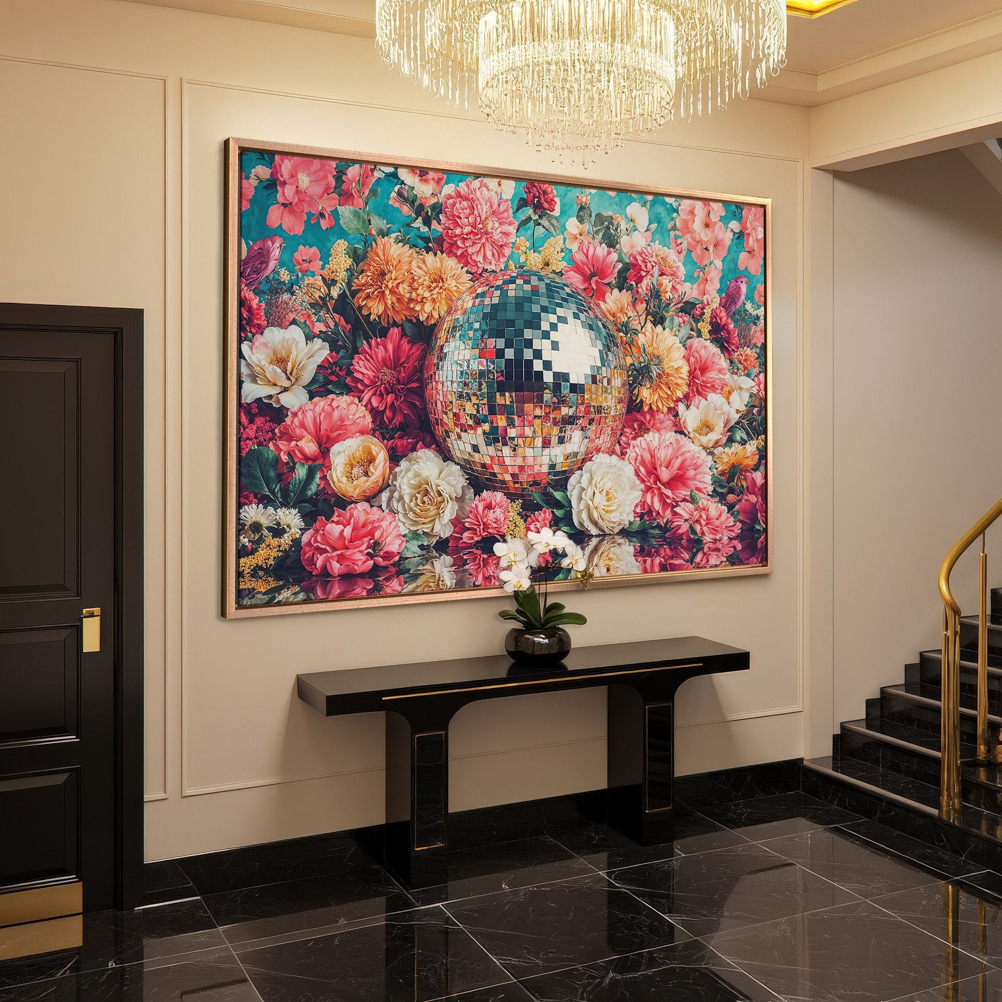 Vibrant Floral Framed Canvas Print with Disco Vibes