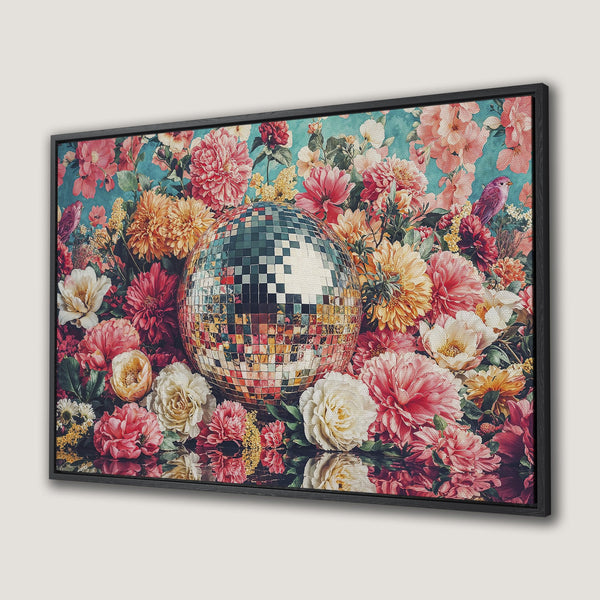 Framed Wall Art featuring a disco ball surrounded by vibrant flowers in a vintage style, with a warm, pink and teal color palette.