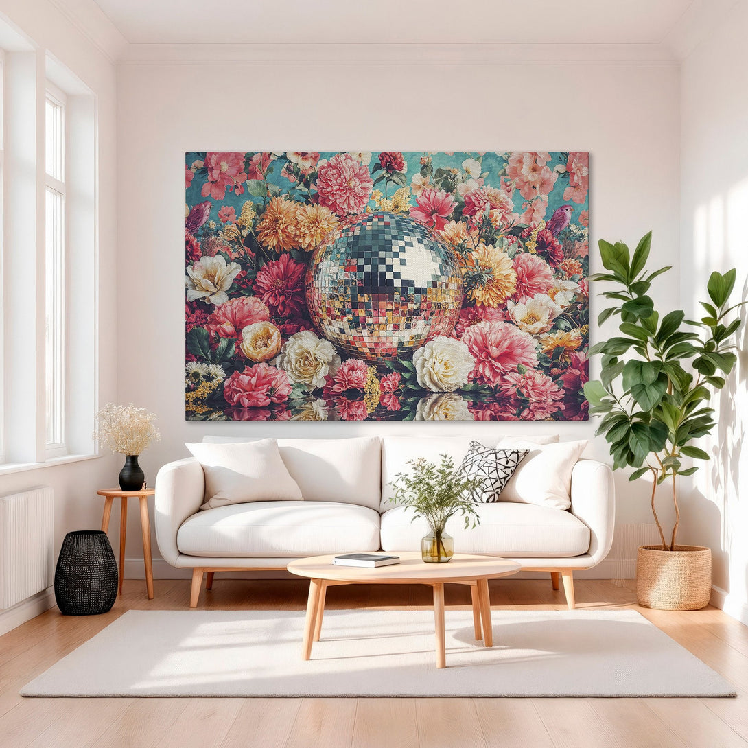 Framed Wall Art: Floral disco ball print in vibrant pinks, oranges, and teal. Modern canvas art adds a pop of color to any interior.