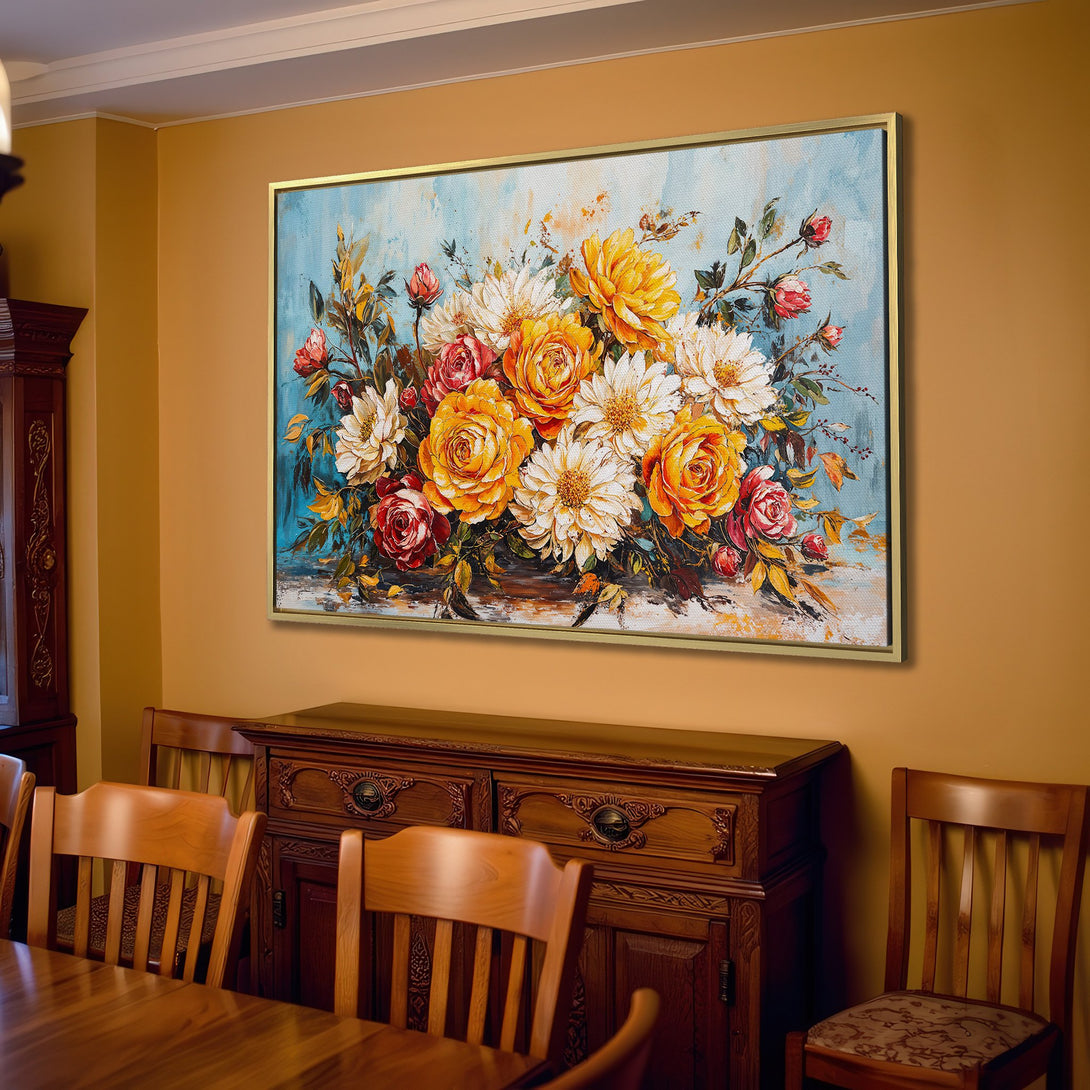 Canvas Print of a vibrant floral bouquet in warm yellow, red, and white hues, displayed in a cozy living room. Adds a touch of elegance!