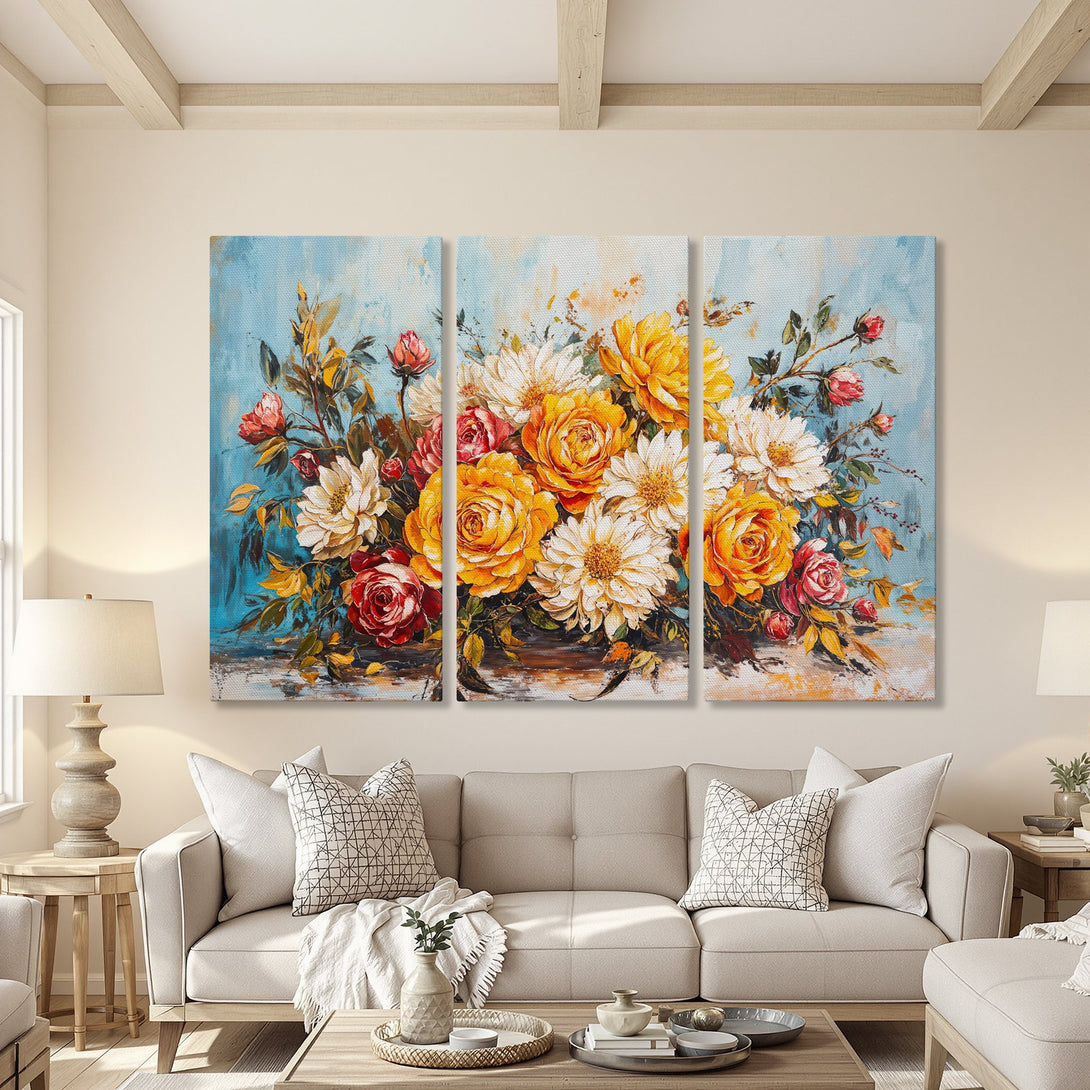 Canvas Print of a vibrant floral arrangement in a modern interior. Features a blue, yellow, and red color palette. Perfect wall art for any room.