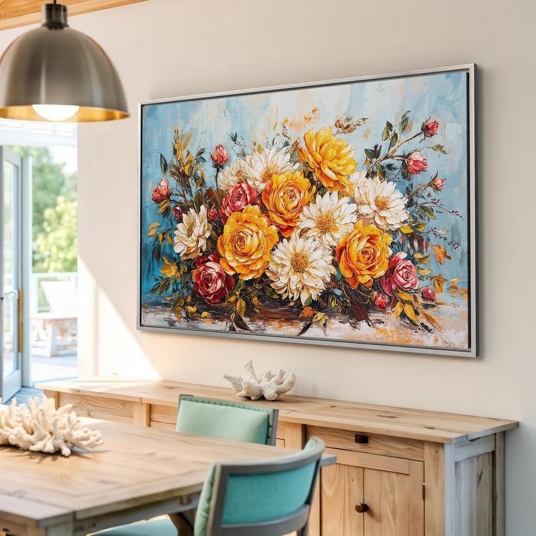Framed Wall Art: Stunning floral canvas print in a vibrant palette of yellow, red, and white. Perfect for adding a touch of elegance to your home decor.