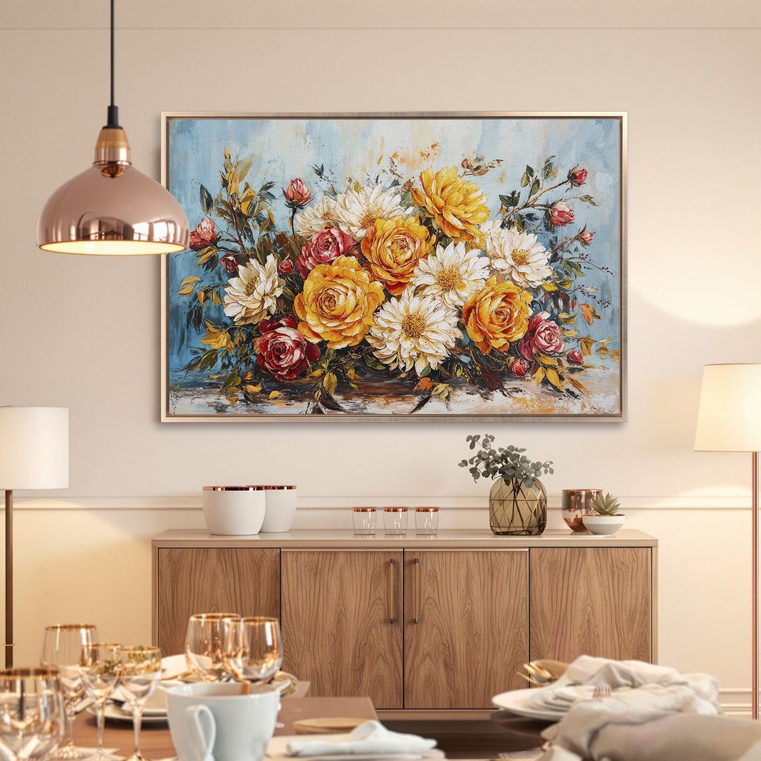 Framed Wall Art: Floral still life canvas print in warm yellow, red, and white tones. Adds elegance to any dining room decor.