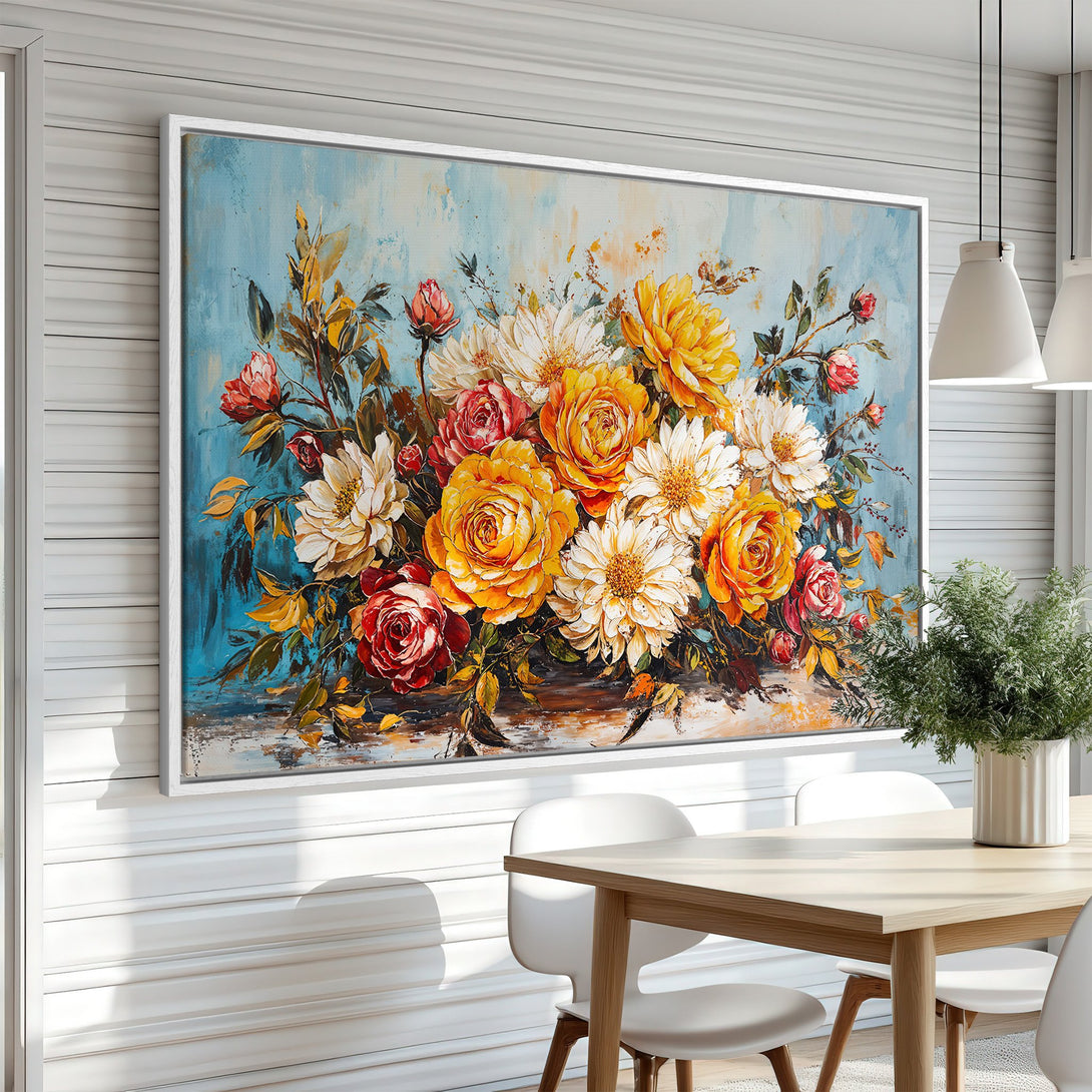 Framed Wall Art: Stunning floral painting with vibrant yellow, red, and white blooms. Adds a touch of elegance and color to any interior. Perfect home decor.