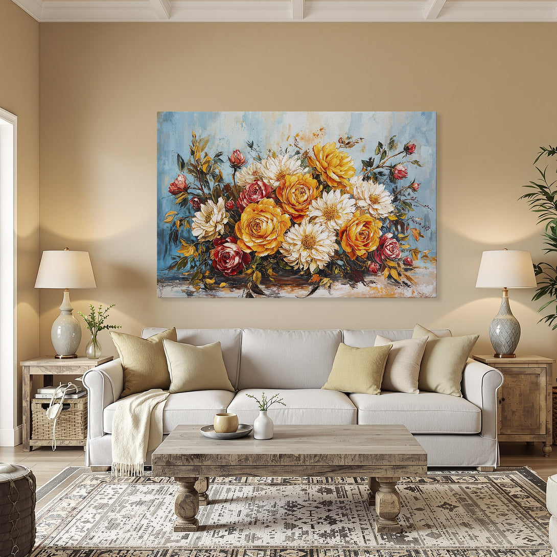Framed Wall Art: Stunning floral Canvas Print in a warm interior. Features vibrant yellow, red, and white flowers on a blue background. Adds elegance to any space!
