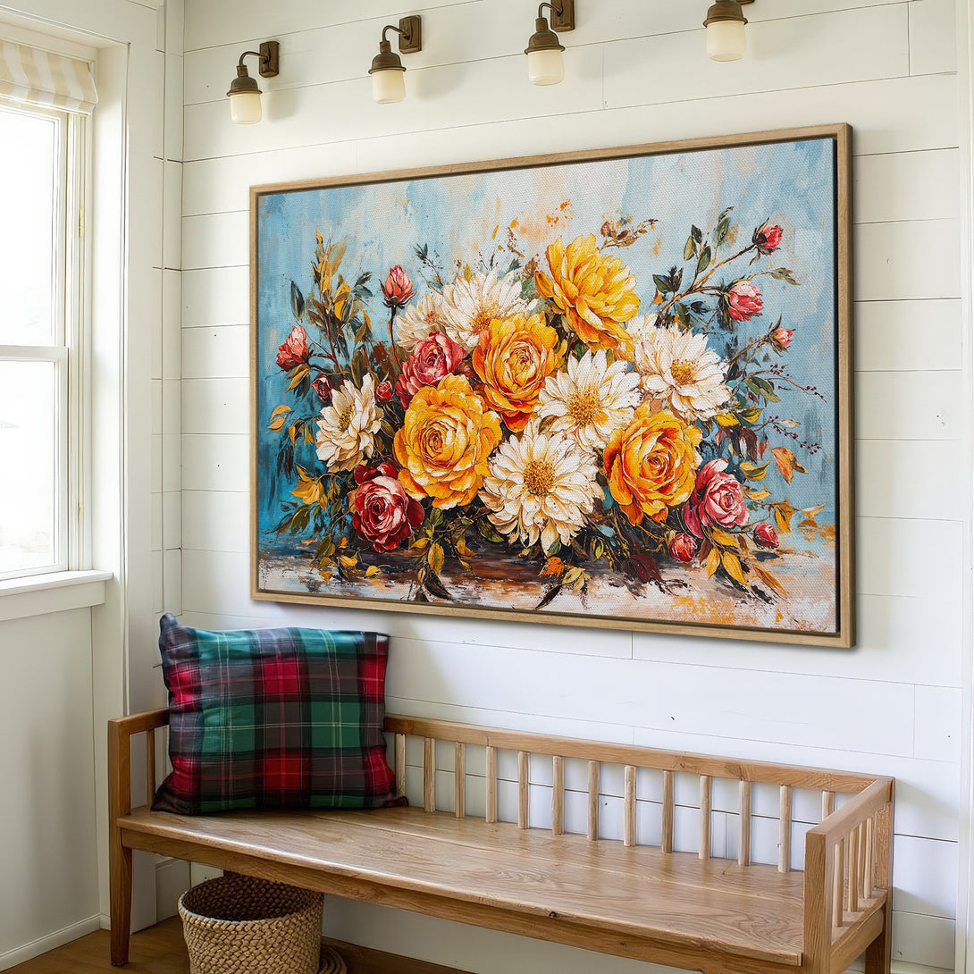 Framed Wall Art: Floral canvas print in a rustic interior. Features yellow, red, and white flowers on a blue background. Perfect for farmhouse decor.