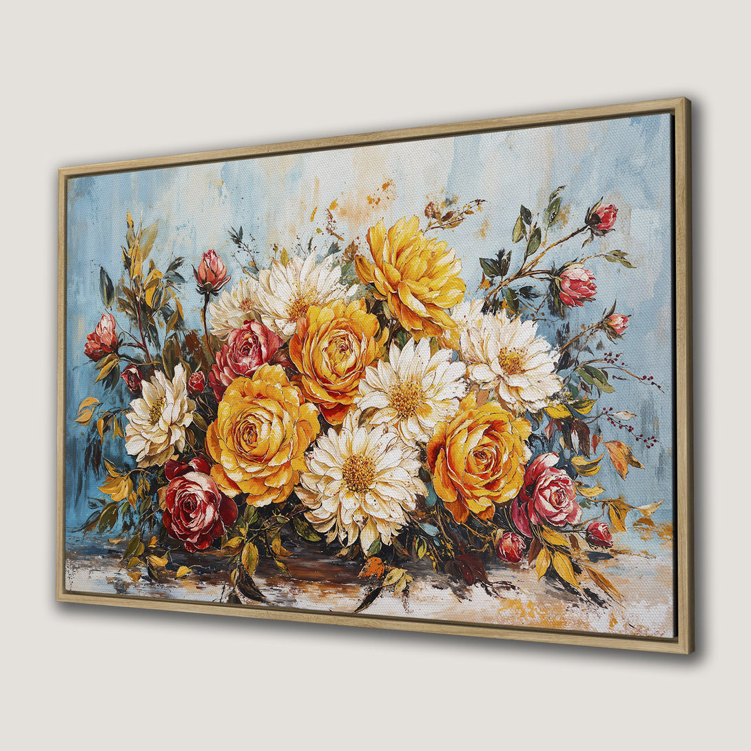 Framed Wall Art: Stunning floral oil painting in warm yellow, red, and white tones, set against a blue backdrop. Perfect for adding elegance to any room.