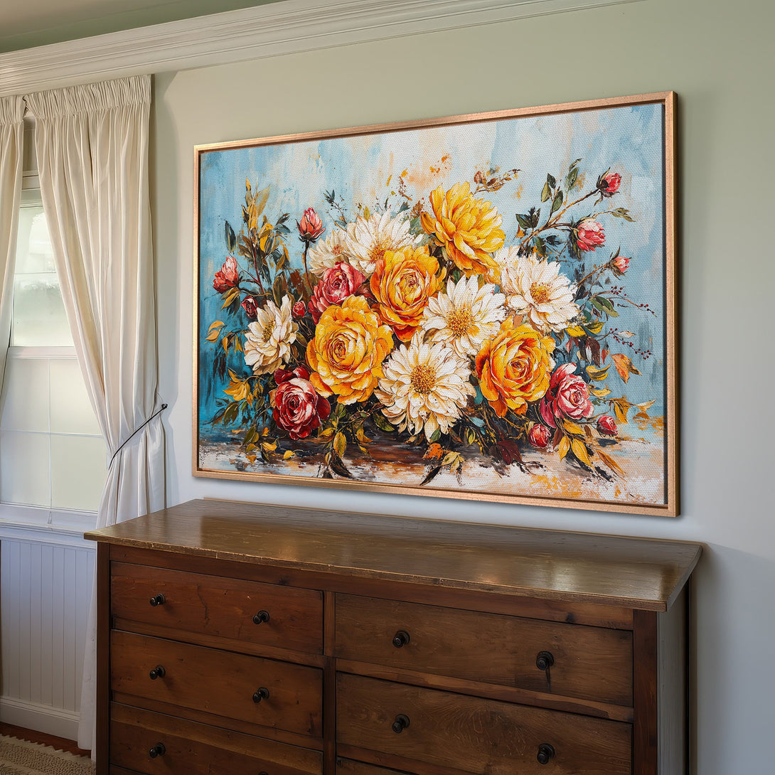 Framed Wall Art: Floral oil painting in a warm palette of yellow, red, and white. Adds a touch of elegance to any space.