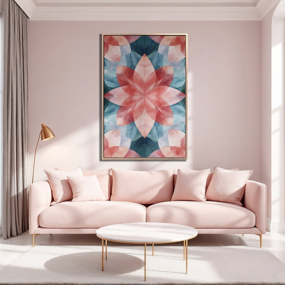 Framed Wall Art featuring a geometric floral design in pink and teal hues. Modern canvas print adds a touch of elegance to any living room.