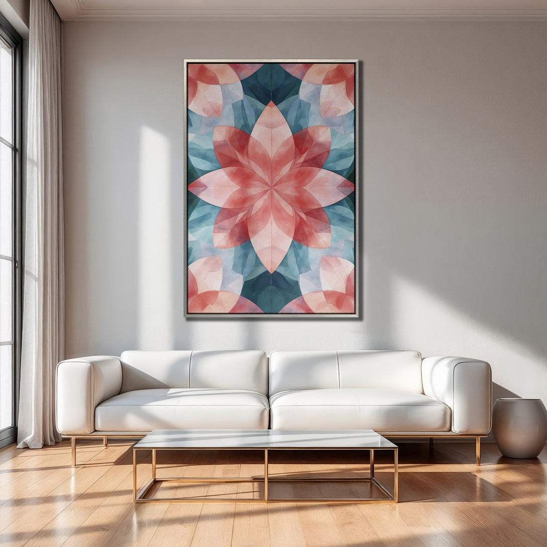 Framed Wall Art: Abstract floral design in pink and teal hues. Modern Canvas Print adds a stylish touch to any interior.
