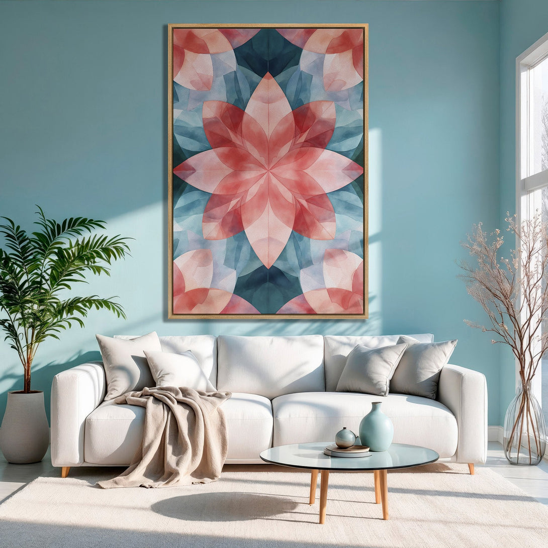 Framed Wall Art: Abstract floral design in coral and teal. Modern canvas print adds a pop of color to any living room. Shop now!