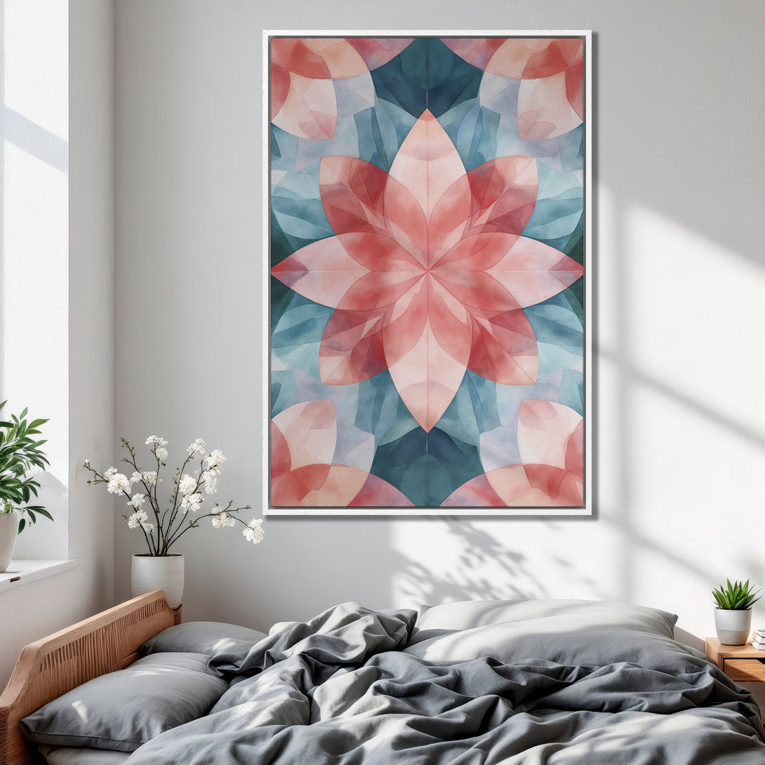Framed Wall Art featuring a floral watercolor design in pink and teal. Modern abstract art adds a pop of color to any bedroom.
