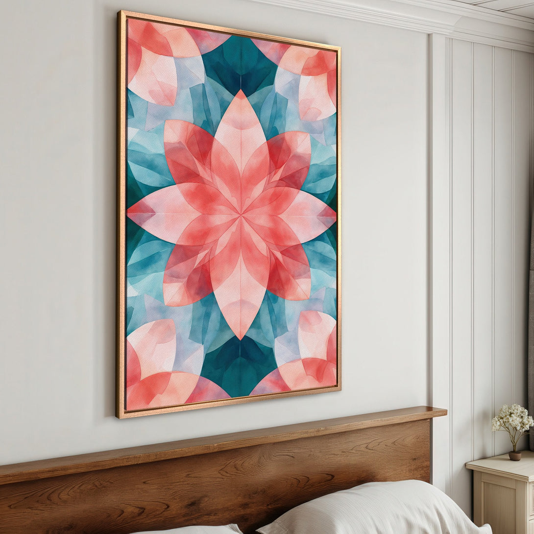 Framed Wall Art featuring a vibrant floral abstract design in coral and teal. Modern art for your bedroom decor.