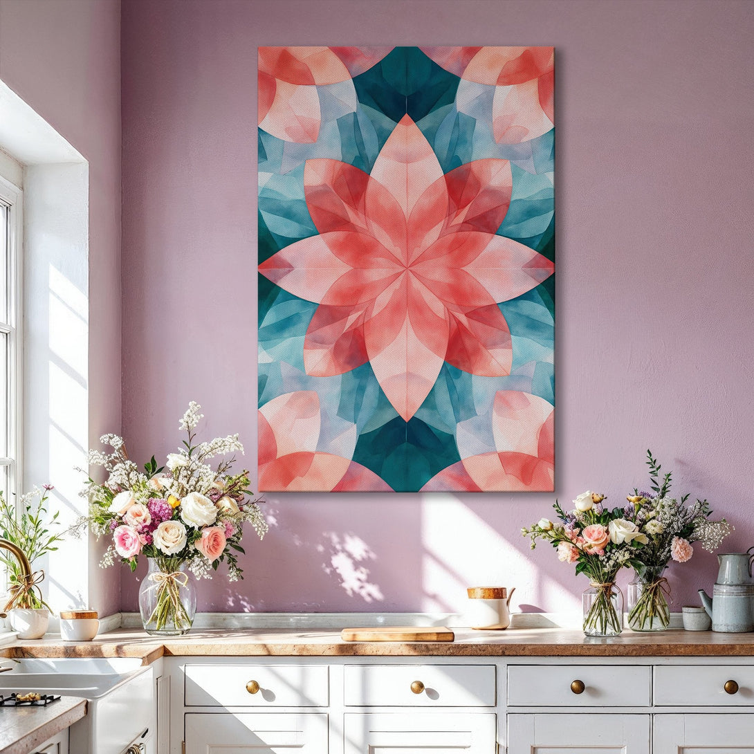 Framed Wall Art featuring a geometric floral design in a modern style with a pink and teal color palette, perfect for living room decor.