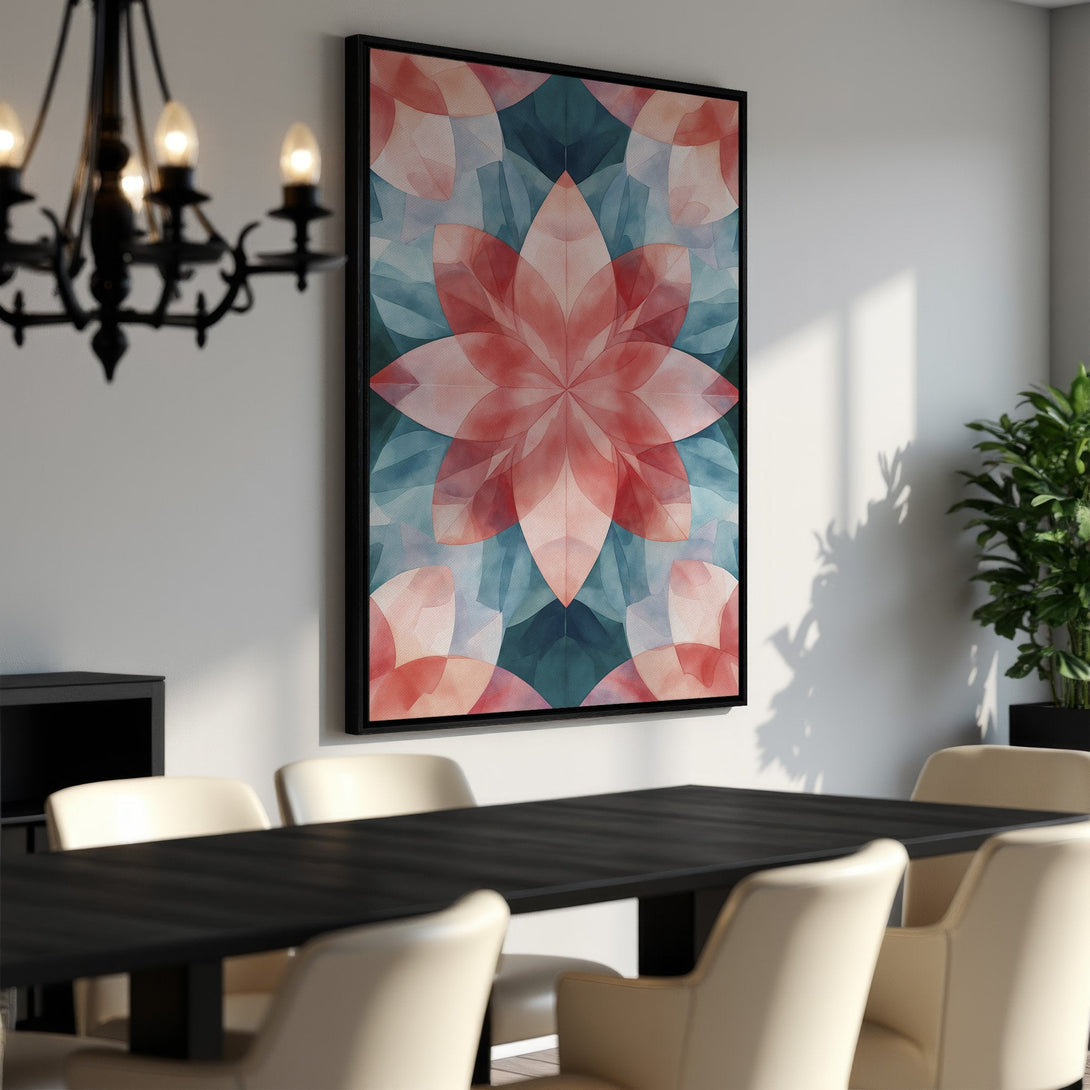 Framed Wall Art featuring a floral abstract design in coral and teal. Modern Canvas Print adds a pop of color to any dining room.