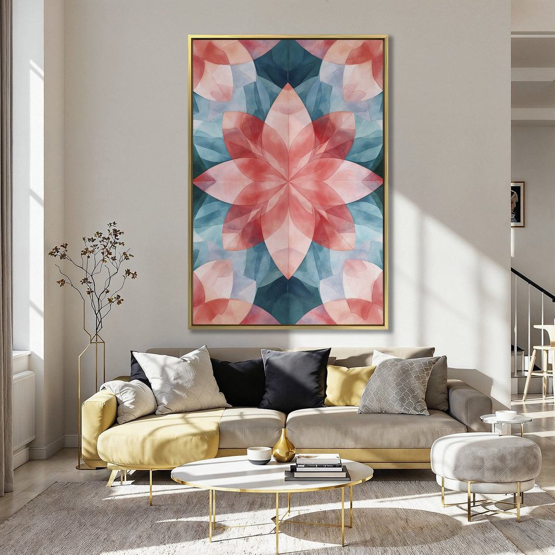 Abstract Canvas Print with floral design in pinks and teal, adding a pop of color to a kitchen interior.