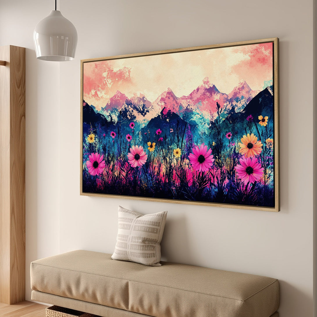 Framed Wall Art: Abstract floral landscape with vibrant pink, blue, and yellow hues. Adds a pop of color to any space!