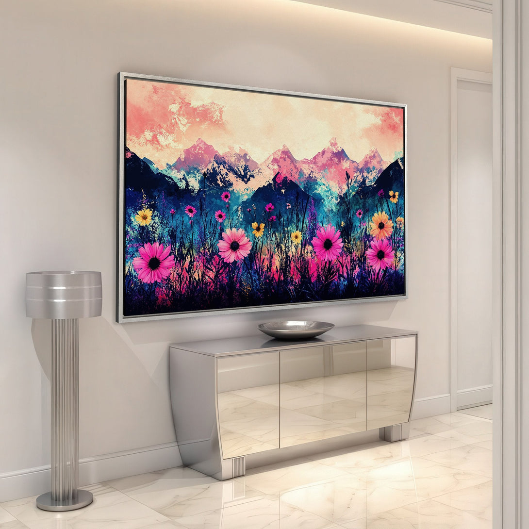 Framed Wall Art featuring a vibrant floral landscape with pink, yellow, and blue hues. Modern abstract style canvas print perfect for any interior.