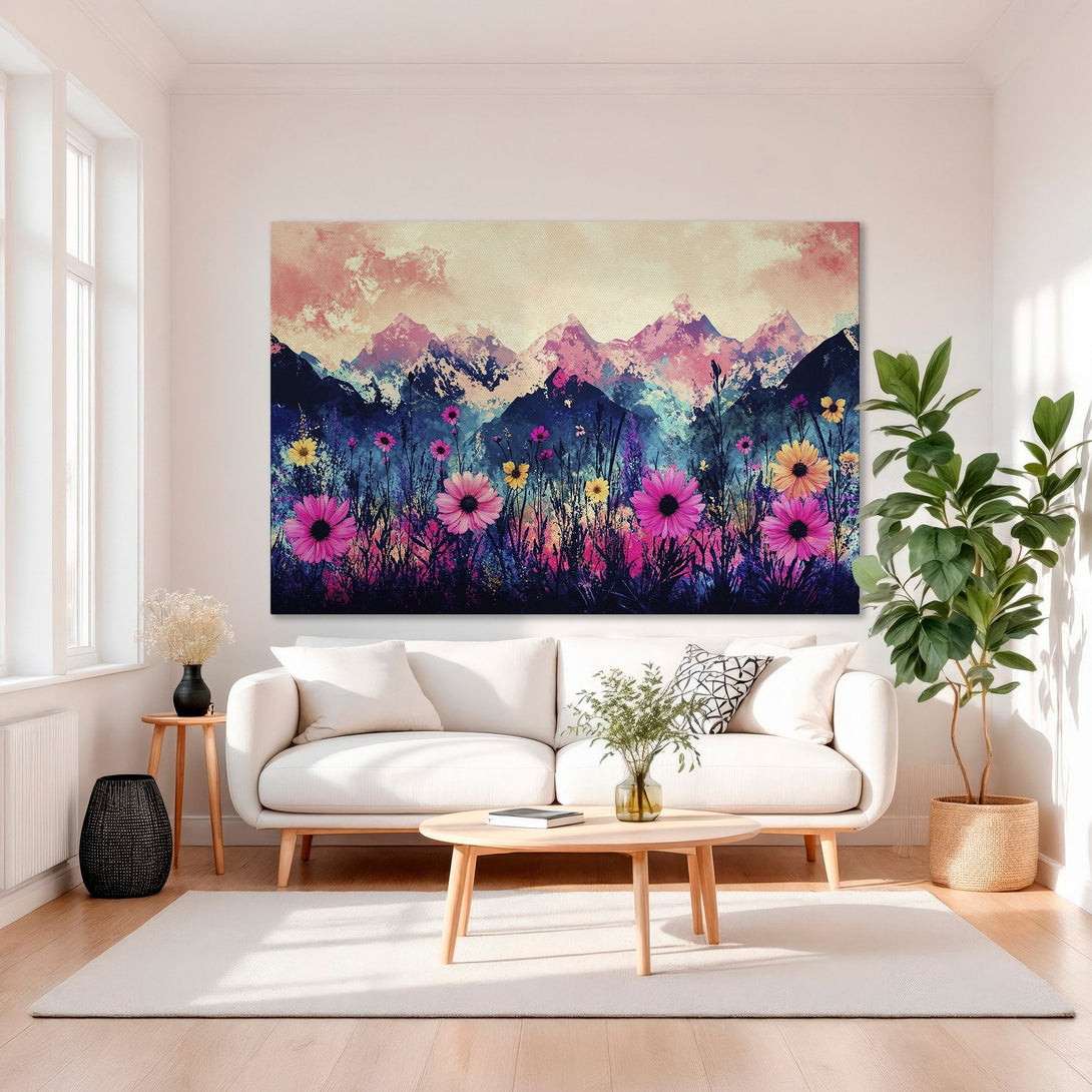 Framed Wall Art featuring a vibrant floral and mountain landscape. Abstract style with a pink, blue, and yellow color palette, perfect for adding color to your home.