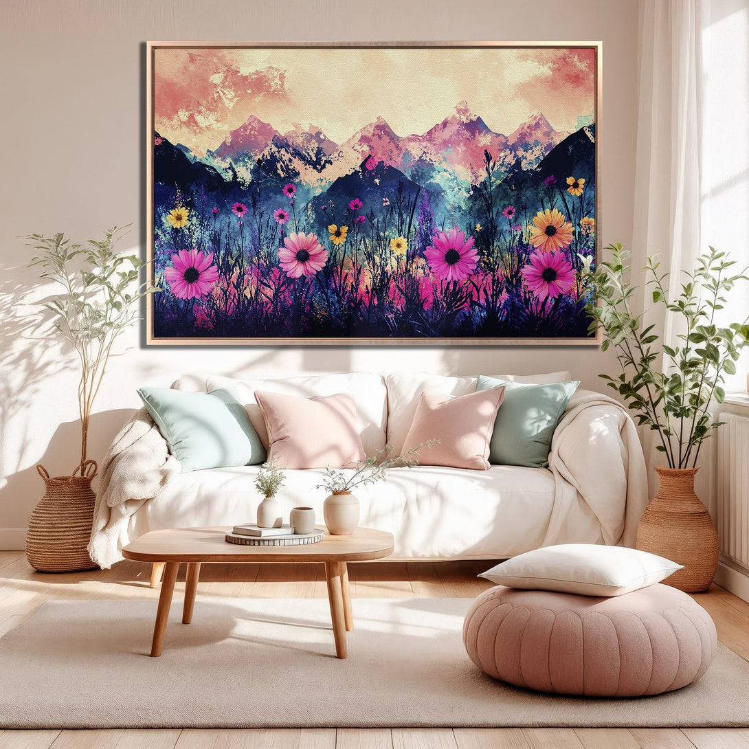 Framed Wall Art: Colorful floral mountain landscape canvas print. Vibrant pink, blue, and yellow palette. Perfect for adding a pop of art to your living room!