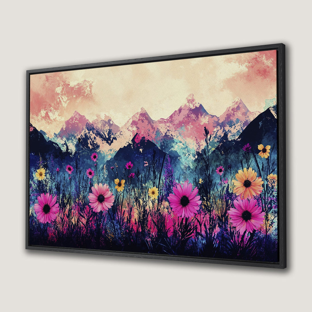Framed Wall Art: Watercolor mountain landscape with vibrant flowers in pinks, blues, and yellows. Perfect for adding a pop of color!