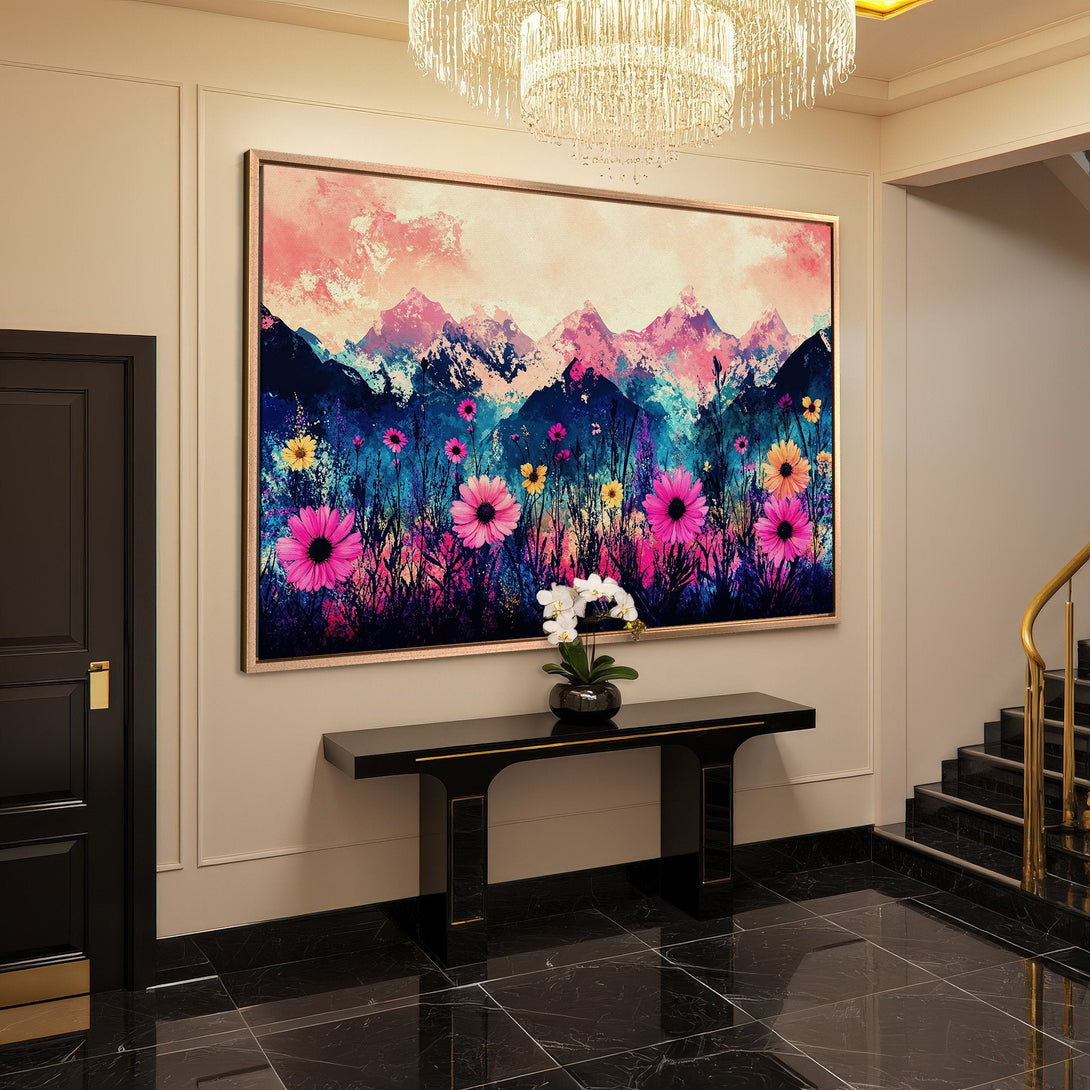 Framed Wall Art: Abstract floral mountain scene in vibrant pink, blue, and yellow hues. Modern canvas print adds a pop of color to any space.