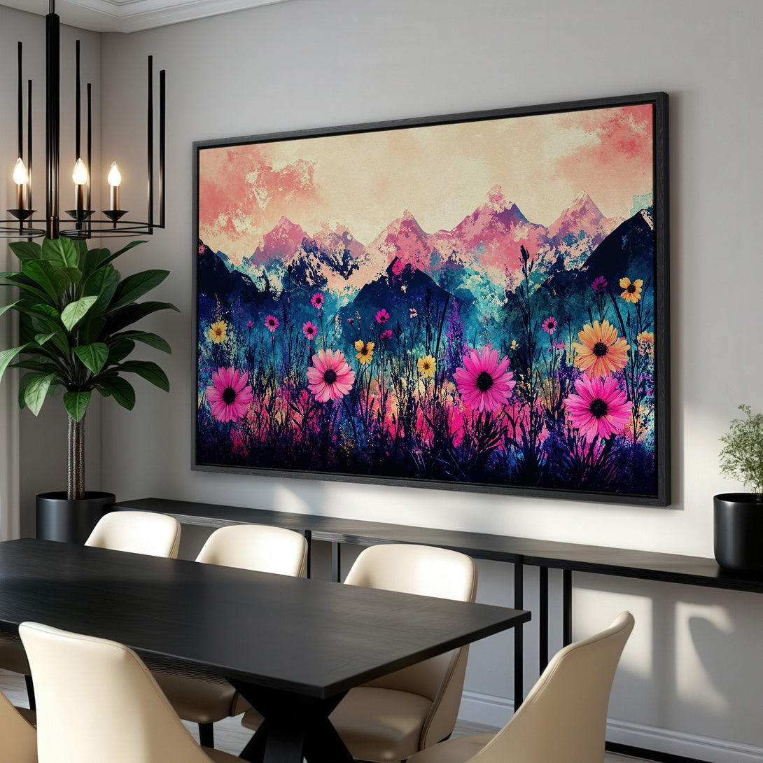 Framed Wall Art: Vibrant floral mountain landscape Canvas Print in pink, blue, and yellow. Modern art to brighten any space!