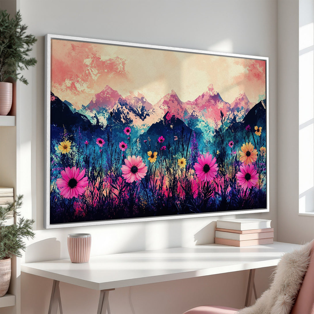 Framed Wall Art: Abstract floral mountain landscape in vibrant pink, blue, and yellow hues. Perfect for adding a pop of color and style to any space.