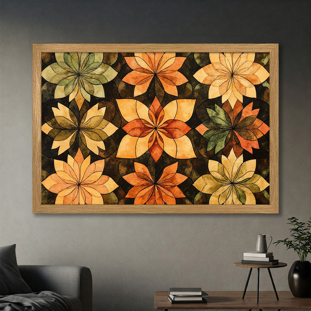 Framed Poster featuring floral art in warm orange, green, and brown tones. Perfect wall decor for a stylish home.