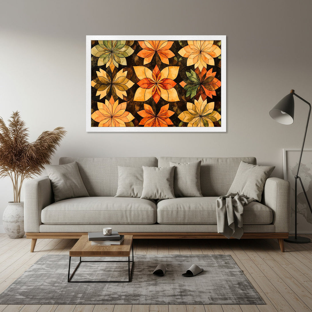 Framed Poster featuring abstract floral art in warm orange, yellow, and green tones. Perfect wall decor for a modern living room.