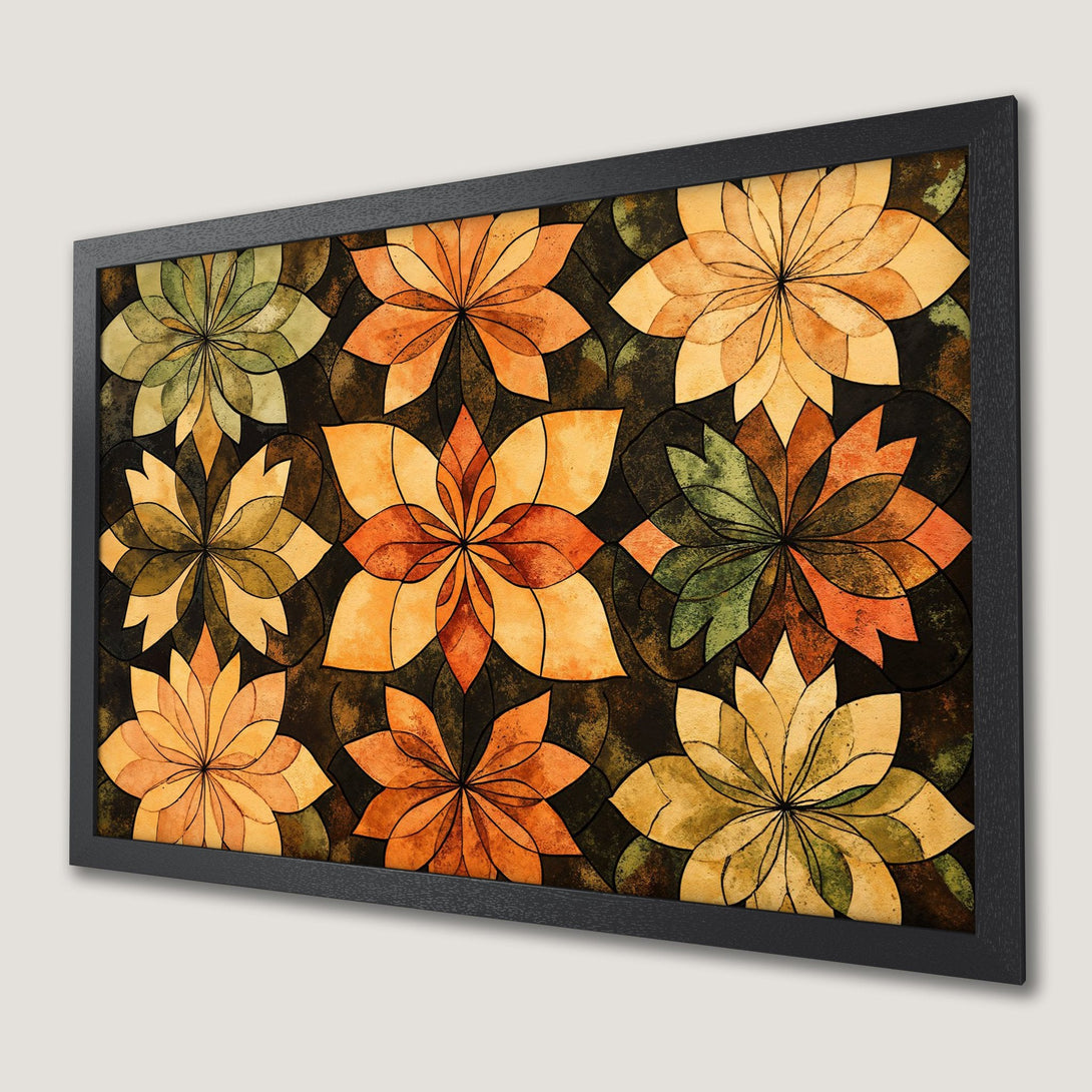 Framed Poster featuring floral art in watercolor style, warm orange, yellow, and green tones. Perfect wall decor!