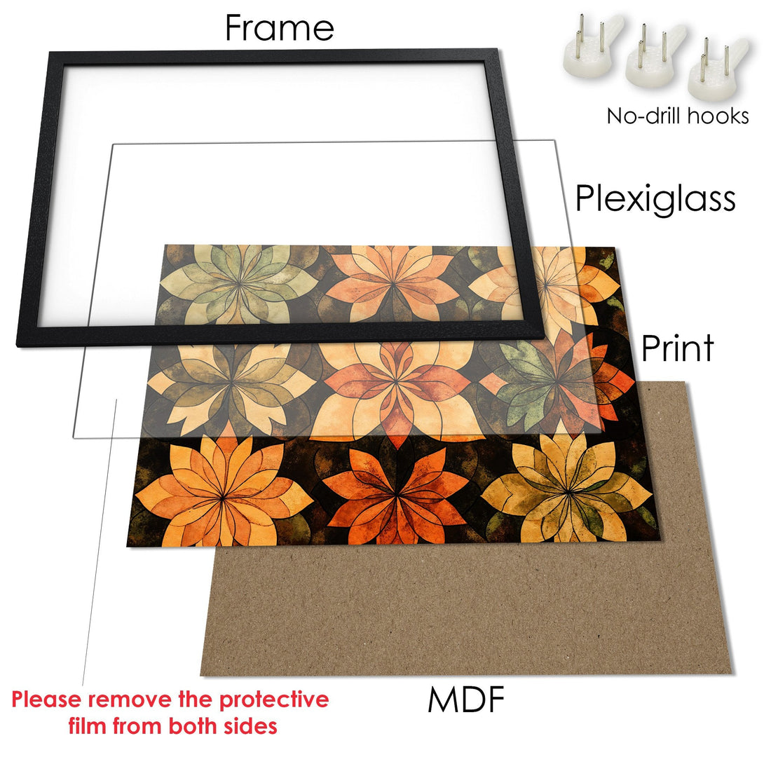 Framed Poster with floral design in warm orange & green tones. Add art to your space!