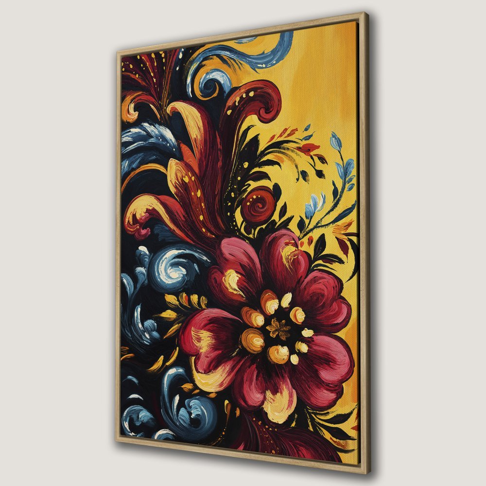 Framed Wall Art: Bold floral Canvas Print in vibrant red, yellow, and blue, perfect for adding a pop of color and artistic flair to any space.