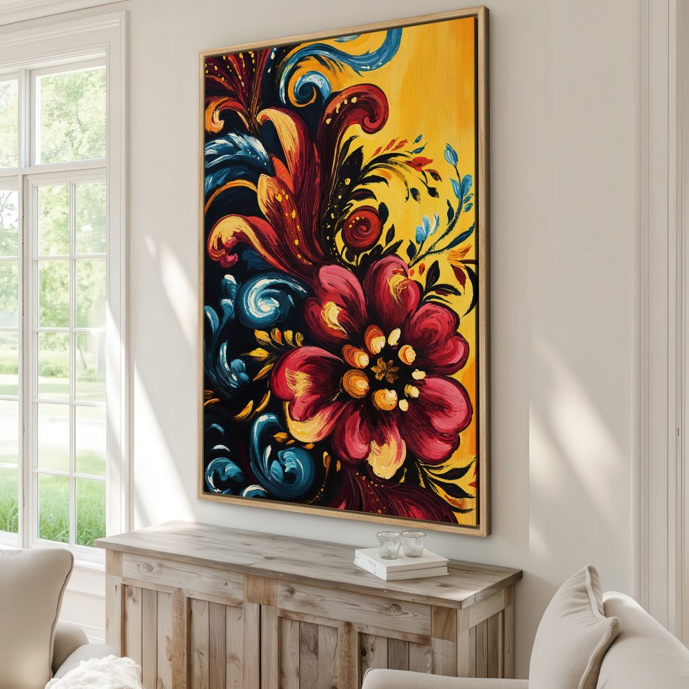 Framed Wall Art: Vibrant floral Canvas Print with bold red, yellow, and blue hues. Add a touch of artistic flair to your space!
